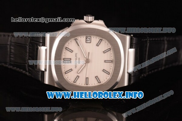 Patek Philippe Nautilus Clone PP Calibre 3120 Automatic Steel Case with White Dial Stick Markers and Black Leather Strap (BP) - Click Image to Close